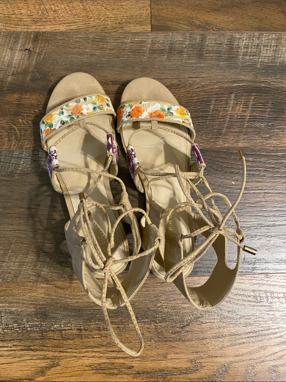 Metaphor Beige Lace-Up Sandals with Orange & Yellow Embroidery